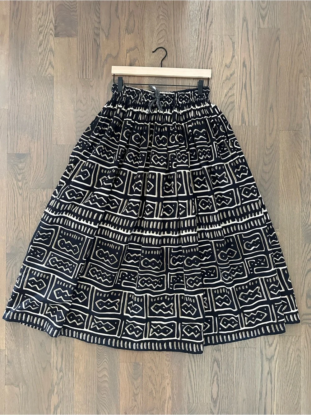 Vintage Bohemian Mudcloth Print A-Line Maxi Skirt Tie Waist Black Multi Large